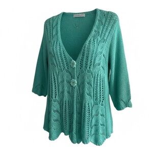 Marlene B Paris Green Crochet Knit Cardigan Four Leaf Clover Buttons Boho